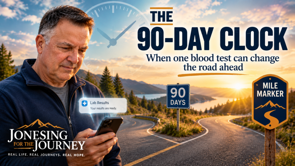 Mike Jones checking a medical result near a 90-day road marker for the JFTJ Mile Marker The 90-Day Clock about PSA monitoring after prostate cancer.