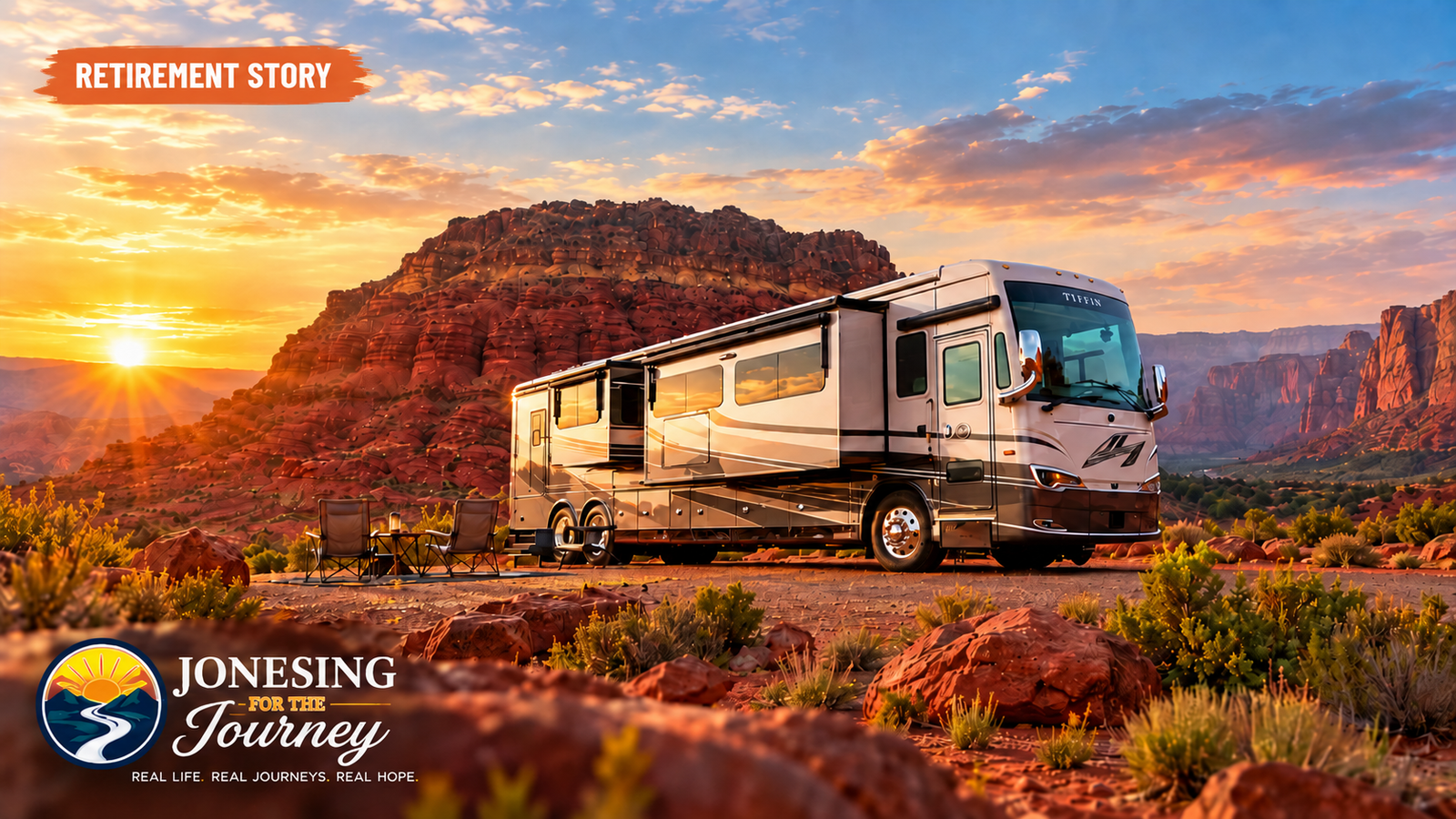 Luxury Tiffin Class A motorhome parked among red rock mountains at sunset, representing Mike and Sue’s plan to sell everything, live full-time in their RV, travel the country, and chase 70-degree weather.